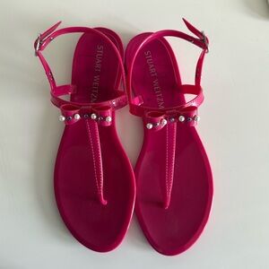 NWOT Stuart Weitzman Pearl Studded Bow Jelly Thong sz 10 Pink